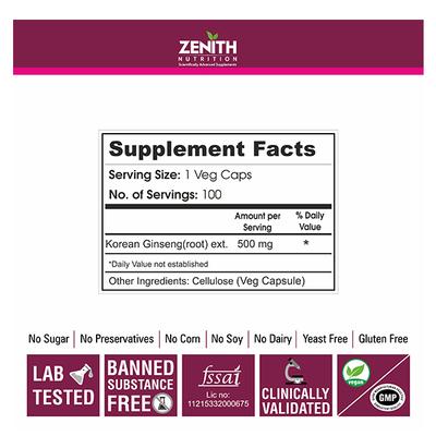 Zenith Nutrition Ginseng 500 mg Capsules 100's - Herbal Dietary Supplement