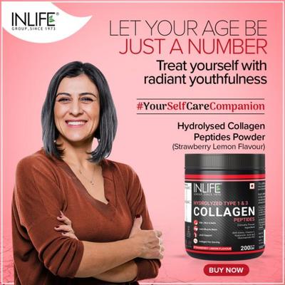 INLIFE Hydrolyzed Type 1 & 3 Collagen Peptides Powder - Strawberry Lemon Flavour 200 gm - Hair & Skin