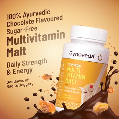 Gynoveda Ayurvedic Multi Vitamin Malt Powder - Ragi & Jaggery Chocolate 250 gm - Herbal Dietary Supplement