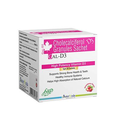 Asterveda Gal D3 SF Granules - Strawberry Flavor (Pack of 20 x 1 gm) - Calcium And Minerals