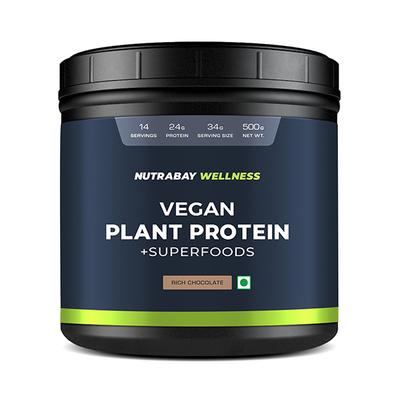 Nutrabay Wellness Vegan Plant Protein + Superfoods - Rich Chocolate 500 gm - Whey Proteins