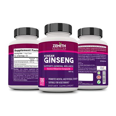 Zenith Nutrition Ginseng 500 mg Capsules 100's - Herbal Dietary Supplement