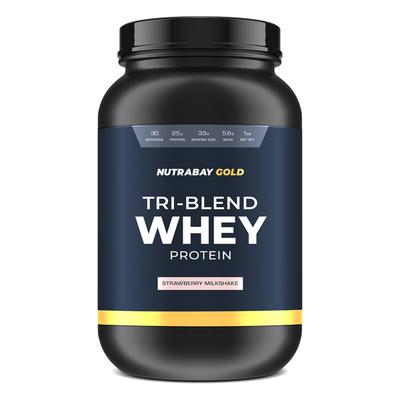 Nutrabay Gold Tri-Blend Whey Protein Powder - Strawberry Milkshake Flavour 1 kg - Whey Proteins