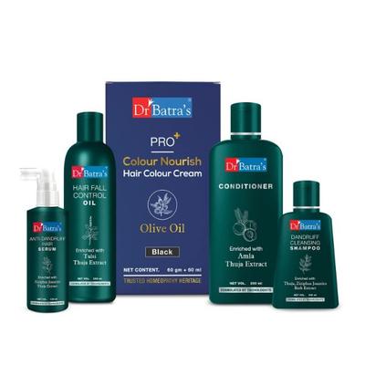Dr Batra's Dandruff Cleansing Shampoo 100 ml + Anti-Serum 125 ml + Confitioner 200 ml + Hair Fall Control Oil 200 ml + Colour Nourish Hair Colour Cream - Black - Hair Treatment