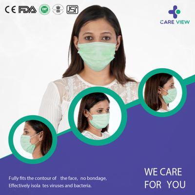 Care View 3 Ply Disposable Surgical Face Mask With Nose Pin - Green 50's - Face Mask