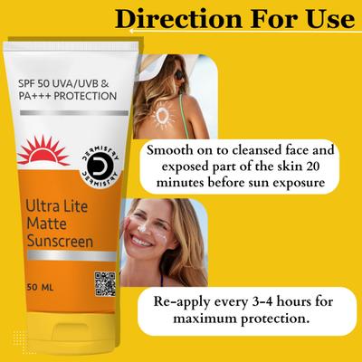 Dermistry Ultra Lite Matte Sunscreen SPF 50 UVA UVB PA+++ Protection 50 ml - Face Sunscreen