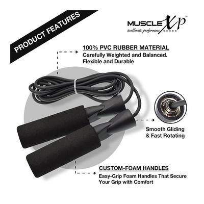 MuscleXP Skipping Rope (Jumping Rope) with Foam Handles - Black 1's - Gym Accessories