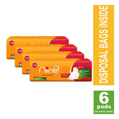 Niine Sanitary Pads Regular (Pack of 4 x 6's) - Sanitary Napkins