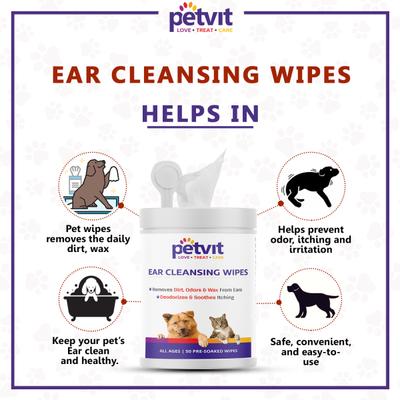 Petvit Ear Cleansing Wipes - For Dogs and Cats (Pack of 2 x 50s) 1's - Pet accessories