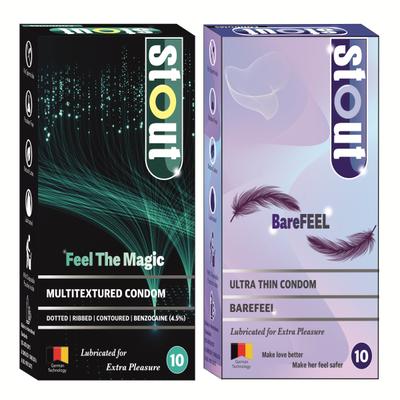 Stout Ultra Thin BareFeel Condoms 10's + Stout Multitextured Feel The Magic Condoms 10' (Combo Pack) 1's - Plain/Flavoured Condoms