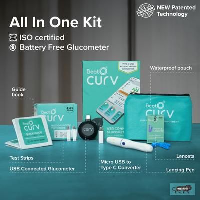 BeatO Curv Glucometer Kit (USB Connected Glucometer 1's + Blood Glucose Test Strips 100's) - Blood Glucose Monitors/Strips