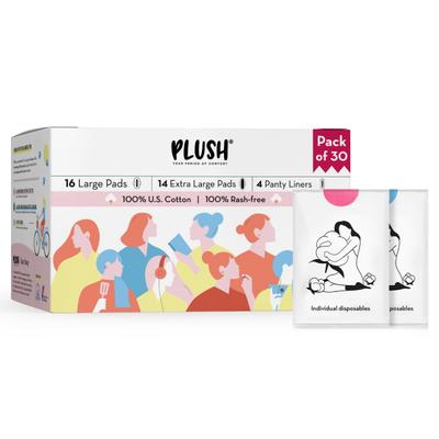 Plush 100% Pure US Cotton Pack (16 L Pads + 14 XL Pads + 4 Panty Liner With Pouch) - Sanitary Napkins