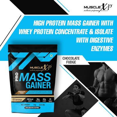 MuscleXP Pro Mass Gainer with Whey Protein Powder - Chocolate Fudge 1 kg - Whey Proteins
