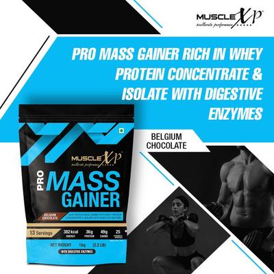 MuscleXP Pro Mass Gainer with Whey Protein Powder - Belgium Chocolate 1 kg - Whey Proteins