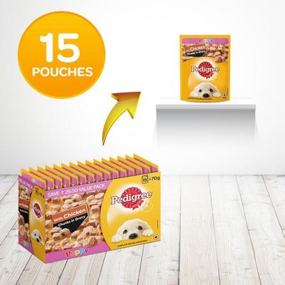Pedigree Puppy Chicken Chunks in Gravy (Pack of 70gm x 15) 1050 gm - Petfood