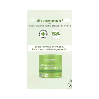 Sirona Regular Flow 100% Organic Cotton Tampons (Pack of 18) 1's - Tampons
