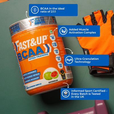 Fast&Up BCAA Intra Training Supplement (30 Servings) - Peach Ice Tea Flavour 450.6gm - Workout Essentials