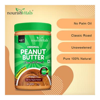 NourishVitals Original Peanut Butter (Creamy with Omega-3) - Unsweetened 750 gm - Nutritional Bars