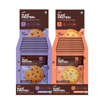 RiteBite Max Protein 7 Grain Breakfast Cookie Combo - Choco Chips + Oats & Raisins (Pack of 24 x 55 gm) - Nutritional Bars