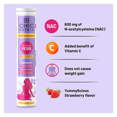 Chicnutrix Cysterhood - Helps Manage PCOS Effervescent Tablet - Strawberry Flavour 20's - Women Health