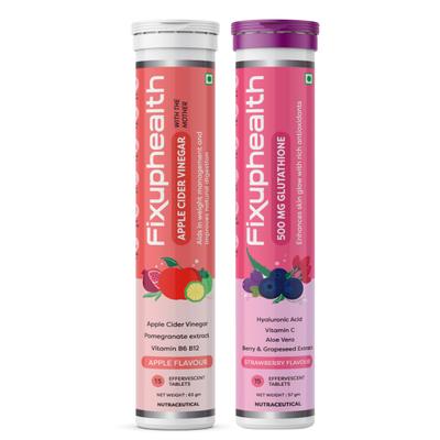 FixUpHealth Apple Cider Vinegar Effervescent Tablet - Apple Flavour 20's & FixUpHealth Glutathione Effervescent Tablet - Strawberry Flavour 15s - Multi-Vitamins
