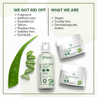 CGG Cosmetics Aloe Vera Facial Kit (Pure Soothing Face Gel 250 gm + Cleansing Toner Micellar Water 300 ml + Daily Toning Cleansing Face Pads 50's) - Face Wash & Cleansers