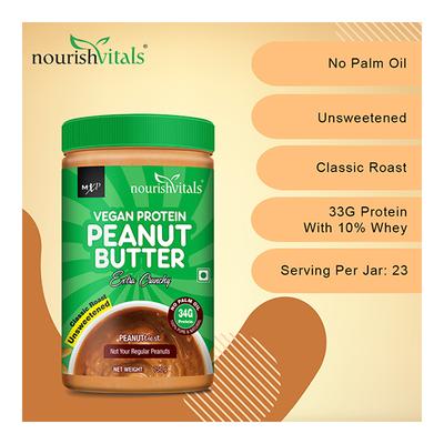NourishVitals Vegan Protein Peanut Butter (Extra Crunchy) - Unsweetened 750 gm - Nutritional Bars
