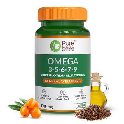 Pure Nutrition Omega 3 5 6 7 9 with Seabuckthorn oil 1000 mg Veg Softgels 30's - Omega Fish Oil Fatty Acids