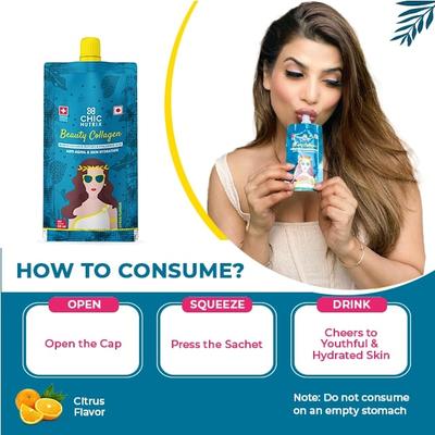 Chicnutrix Beauty Collagen - Marine Collagen Peptides & Hyaluronic Acid Gel Shots - Citrus Flavour (Pack of 15 x 30 ml) - Hair & Skin