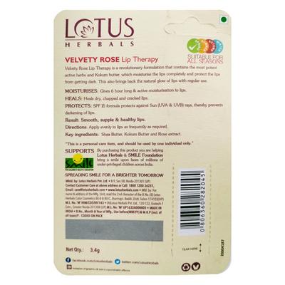 Lotus Herbals Lip Therapy Velvety Rose SPF 15 3.4 gm - Lip Balms