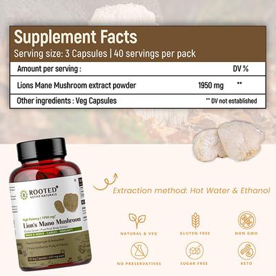 Rooted Active Naturals Lion's Mane Mushroom Veg Capsule 120's - Pure Herbs