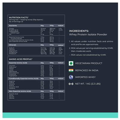 Nutrabay Pure Isolate Whey Protein Powder - Unflavoured 1 kg - Whey Proteins