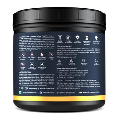 Nutrabay Gold Tri-Blend Whey Protein Powder - Vanilla Ice Cream Flavour 500 gm - Whey Proteins