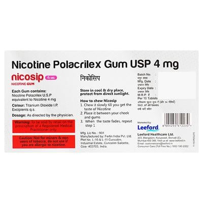 NICOSIP 4 MG SUGAR FREE MINT FLAVOUR Gum 10's - Smoking cessation