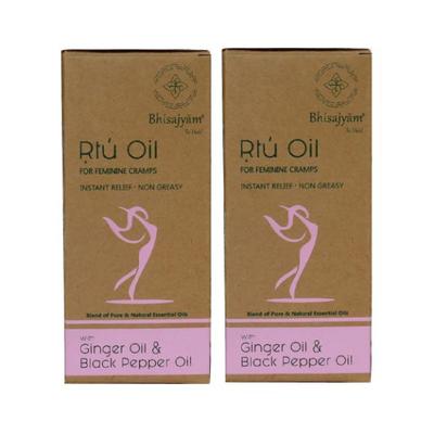 Bhisajyam Rtu Oil Roll On for Feminine Cramp - Ginger & Black Pepper Oil -Pack of 2 x 10 ml - Intimate Care