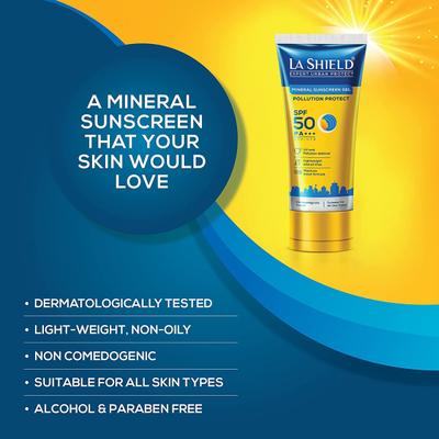 La Shield Pollution Protect Mineral Sunscreen Gel - SPF 50 50 gm (N) - Face Sunscreen