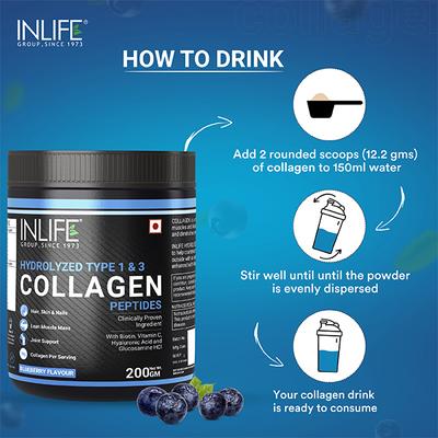 INLIFE Hydrolyzed Type 1 & 3 Collagen Peptides Powder - Blueberry Flavour 200 gm - Hair & Skin