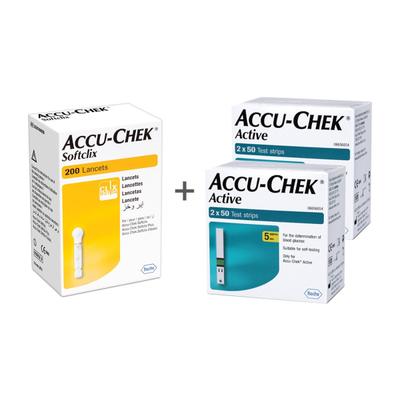 Accu-Chek Active Test Strips (Pack of 2 x 50's) + Accu-Chek Softclix Lancets 200's - Blood Glucose Monitors/Strips