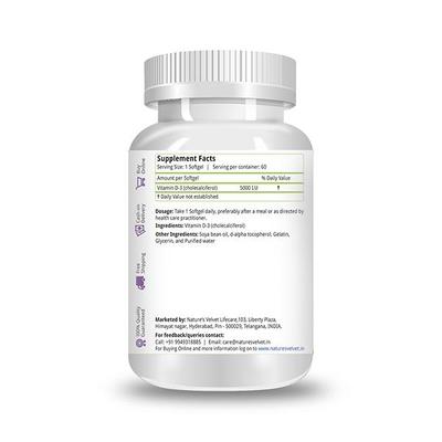 Natures Velvet Vitamin D-3 5000 I U Softgels 60's - Health Products