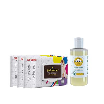 Tiffy & Toffee 99% Water Baby Wet Wipes (Pack of 3 x 80's) + Non-Alcoholic Hand Sanitizer - Lemon 100 ml - Diapers & Wipes