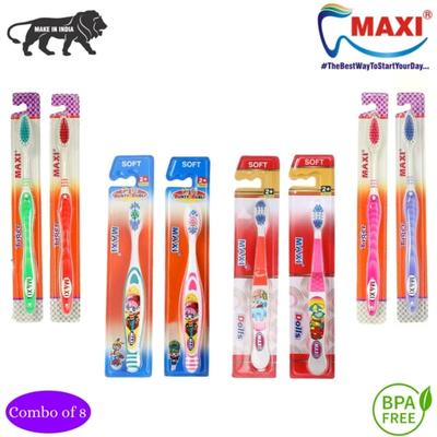 MAXI Oral Care Hygiene Family Combo Pack - Soft (Tiger 4's + Dolls Junior 2's + Bunty Bubli Junior 2's) - Toothbrushes