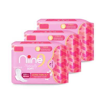Niine Naturally Soft Sanitary Pads with Biodegradable Disposal Bags - Ultra Thin XL+ (Pack of 3 x 15's) - Sanitary Napkins