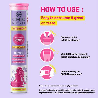 Chicnutrix Cysterhood - Helps Manage PCOS Effervescent Tablet - Strawberry Flavour (Pack of 3 x 20's) - General Health