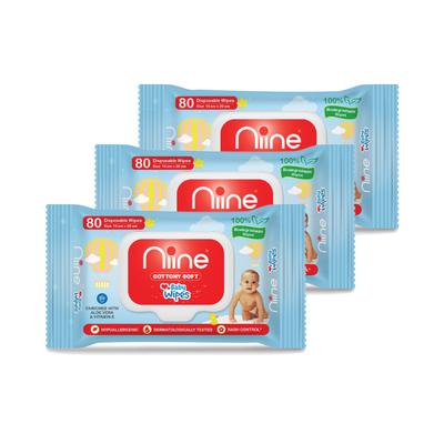 Niine Cottony Soft Baby Wipes (Pack of 3 x 80's) - Diapers & Wipes