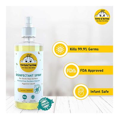 Tiffy & Toffee Non-Alcoholic Disinfectant Spray - Lemon 500 ml + Non-Alcoholic Hand Sanitizer - Lemon 100 ml - Baby Skin Care