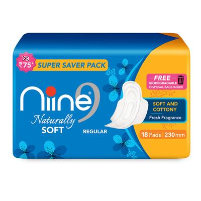 Niine Naturally Soft Sanitary Pads with Biodegradable Disposable Bags - Regular 18's - Sanitary Napkins