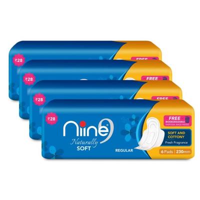 Niine Naturally Soft Sanitary Napkin with Biodegradable Disposable Bags - Regular (Pack of 4 x 6's) - Sanitary Napkins