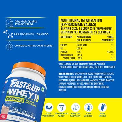 Fast&Up Whey Essentials Protein Powder - Berry Crush Flavour 957 gm - Workout Essentials