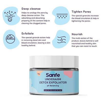 Sanfe Underarm Detox Exfoliator Cream - Dead Sea Mud & Blue Sea Kale 50 gm - Scrubs & Exfoliants