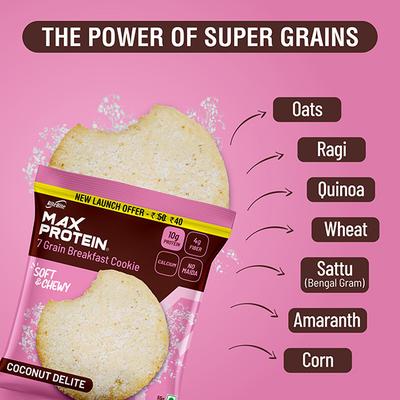 RiteBite Max Protein 7 Grain Breakfast Cookie - Coconut Delite (Pack of 6 x 55 gm) - Nutritional Bars